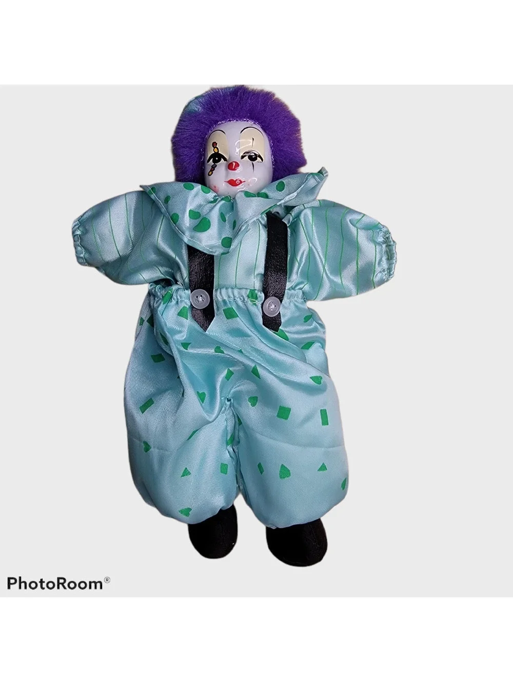 Vintage Porcelain Clown Doll with Purple Hair and Polka Dot Outfit
